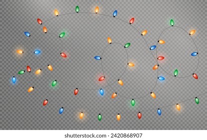 Christmas garland isolated on transparent background. Glowing colorful light bulbs with sparkles.Xmas, New Year, wedding or Birthday decor. Party event decoration. Winter holiday season element.