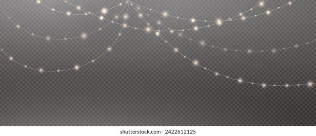 Christmas garland isolated on transparent background. Glowing colorful light bulbs with sparkles.Xmas, New Year, wedding or Birthday decor. Party event decoration. Winter holiday season element.
