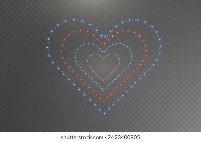 Christmas garland isolated on transparent background. Glowing colorful light bulbs with sparkles.Xmas, New Year, wedding or Birthday decor. Party event decoration. Winter holiday season element.Heart 