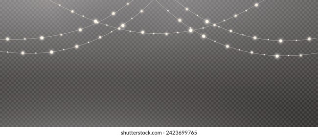 Christmas garland isolated on transparent background. Glowing yellow light bulbs with sparkles.Xmas, New Year, wedding or Birthday decor. Party event decoration. Winter holiday season element.