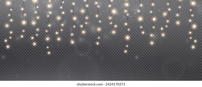 Christmas garland isolated on transparent background. Glowing colorful light bulbs with sparkles.Xmas, New Year, wedding or Birthday decor. Party event decoration. Winter holiday season element.