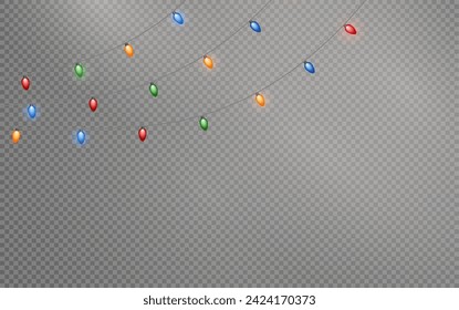 Christmas garland isolated on transparent background. Glowing colorful light bulbs with sparkles.Xmas, New Year, wedding or Birthday decor. Party event decoration. Winter holiday season element.