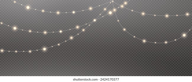 Christmas garland isolated on transparent background. Glowing colorful light bulbs with sparkles.Xmas, New Year, wedding or Birthday decor. Party event decoration. Winter holiday season element.