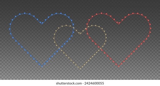 Christmas garland isolated on transparent background. Glowing colorful light bulbs with sparkles.Xmas, New Year, wedding or Birthday decor. Party event decoration. Winter holiday season element.Heart 
