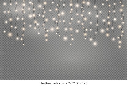 Christmas garland isolated on transparent background. Glowing colorful light bulbs with sparkles.Xmas, New Year, wedding or Birthday decor. Party event decoration. Winter holiday season element.