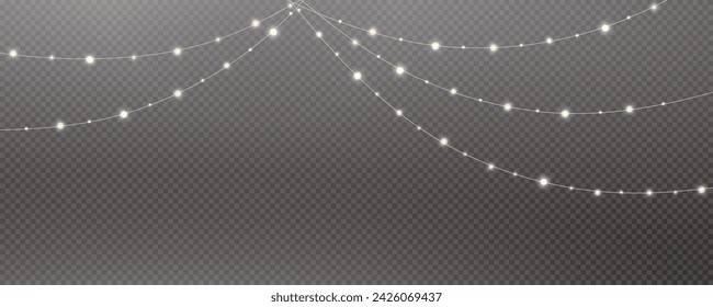 Christmas garland isolated on transparent background. Glowing colorful light bulbs with sparkles.Xmas, New Year, wedding or Birthday decor. Party event decoration. Winter holiday season element.