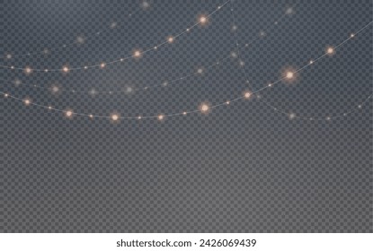 Christmas garland isolated on transparent background. Glowing colorful light bulbs with sparkles.Xmas, New Year, wedding or Birthday decor. Party event decoration. Winter holiday season element.