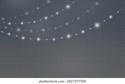 Christmas garland isolated on transparent background. Glowing colorful light bulbs with sparkles.Xmas, New Year, wedding or Birthday decor. Party event decoration. Winter holiday season element.