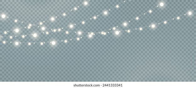 Christmas garland isolated on transparent background. Glowing colorful light bulbs with sparkles.Xmas, New Year, wedding or Birthday decor. Party event decoration. Winter holiday season element.