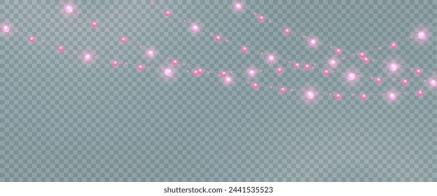 Christmas garland isolated on transparent background. Glowing colorful light bulbs with sparkles.Xmas, New Year, wedding or Birthday decor. Party event decoration. Winter holiday season element.