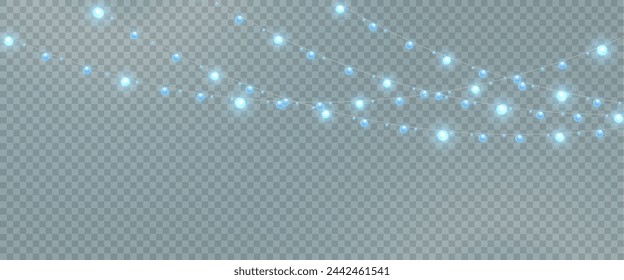 Christmas garland isolated on transparent background. Glowing colorful light bulbs with sparkles.Xmas, New Year, wedding or Birthday decor. Party event decoration. Winter holiday season element.