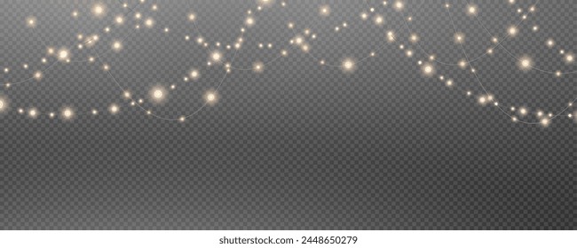 Christmas garland isolated on transparent background. Glowing colorful light bulbs with sparkles.Xmas, New Year, wedding or Birthday decor. Party event decoration. Winter holiday season element.