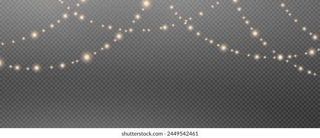 Christmas garland isolated on transparent background. Glowing colorful light bulbs with sparkles.Xmas, New Year, wedding or Birthday decor. Party event decoration. Winter holiday season element.