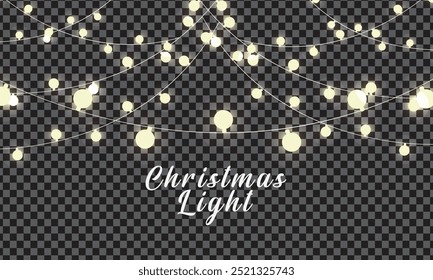 Christmas garland isolated on transparent background. Glowing colourful light bulbs with sparkles