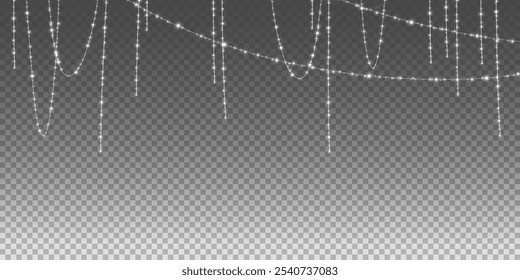 Christmas garland isolated on transparent background. Glowing yellow light bulbs with sparkles.Xmas, New Year, wedding or Birthday decor. Party event decoration. Winter holiday season element.