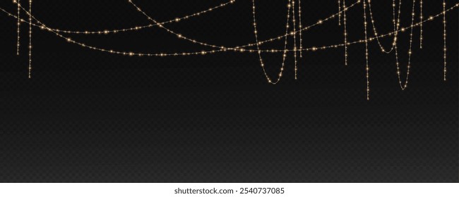 Christmas garland isolated on transparent background. Glowing yellow light bulbs with sparkles.Xmas, New Year, wedding or Birthday decor. Party event decoration. Winter holiday season element.