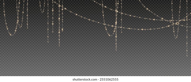 Christmas garland isolated on transparent background. Glowing colorful light bulbs with sparkles.Xmas, New Year, wedding or Birthday decor. Party event decoration. Winter holiday season element.