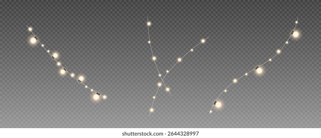 Christmas garland isolated on transparent background. Glowing colorful light bulbs with sparkles.Xmas, New Year, wedding or Birthday decor. Party event decoration. Winter holiday season element.