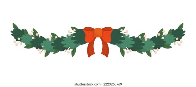 Christmas Garland Isolated on White Background. Traditional Xmas Decor of Spruce Branches with Holiday Decorative Elements Red Bow and Berries, Divider Border. Cartoon Vector Illustration