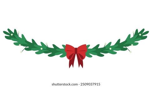 Christmas Garland Isolated on White Background. Traditional Xmas Decor of Spruce Branches with Holiday Decorative Elements Red Bow and Berries, Divider Border. Cartoon Vector Illustration.