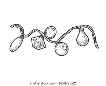 Christmas garland of light bulbs sketch engraving vector illustration. T-shirt apparel print design. Scratch board imitation. Black and white hand drawn image.