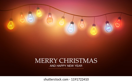Christmas Garland With Light Lamp And Stars. Vector