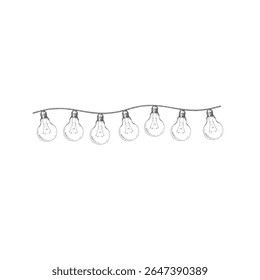 Christmas garland with lightbulbs on ware. Graphics illustration. Vector for New Year's compositions on wrapping paper, packaging, textiles, gift and Christmas postcard, on advent calendar.