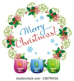 Christmas garland, lighted candle and holiday greeting text. Vector clip art.