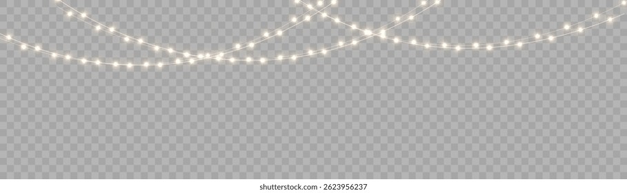 Christmas garland lights glow in cozy golden tones. Bulbs on wire shine softly for holiday atmosphere. Transparent background fits digital banners and UI. Festive vector set includes curved strands