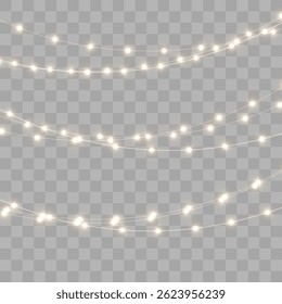Christmas garland lights glow in cozy golden tones. Bulbs on wire shine softly for holiday atmosphere. Transparent background fits digital banners and UI. Festive vector set includes curved strands