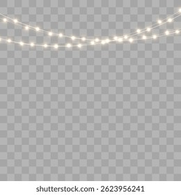 Christmas garland lights glow in cozy golden tones. Bulbs on wire shine softly for holiday atmosphere. Transparent background fits digital banners and UI. Festive vector set includes curved strands
