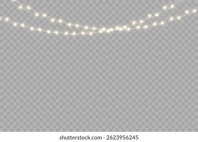 Christmas garland lights glow in cozy golden tones. Bulbs on wire shine softly for holiday atmosphere. Transparent background fits digital banners and UI. Festive vector set includes curved strands