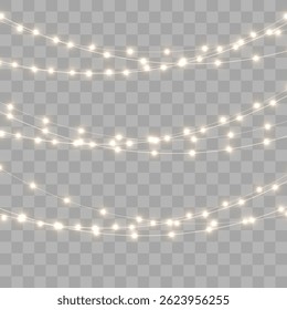 Christmas garland lights glow in cozy golden tones. Bulbs on wire shine softly for holiday atmosphere. Transparent background fits digital banners and UI. Festive vector set includes curved strands