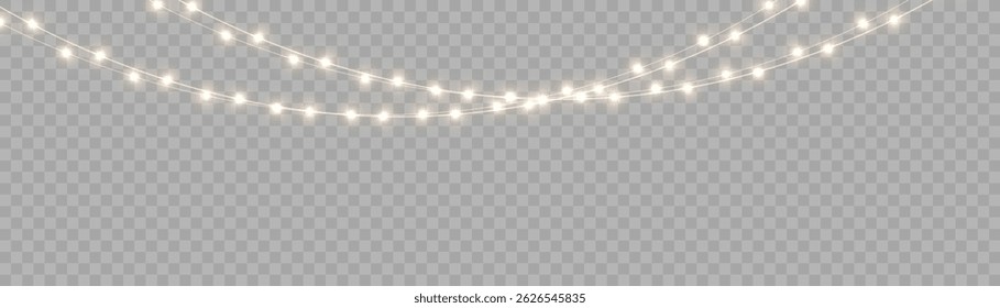 Christmas garland lights glow in cozy golden tones. Bulbs on wire shine softly for holiday atmosphere. Transparent background fits digital banners and UI. Festive vector set includes curved strands
