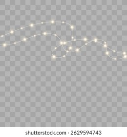 Christmas garland lights glow in cozy golden tones. Bulbs on wire shine softly for holiday atmosphere. Transparent background fits digital banners and UI. Festive vector set includes curved strands