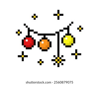 Christmas garland lights icon in pixel art design isolated on white background, Christmas and New Year vector sign symbol.