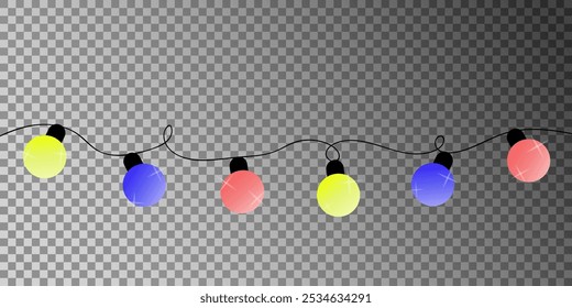Christmas garland lights. Isolated on transparent background. Colorful light bulbs on a curvy rope. Vector elements for web design, social media, card, poster.