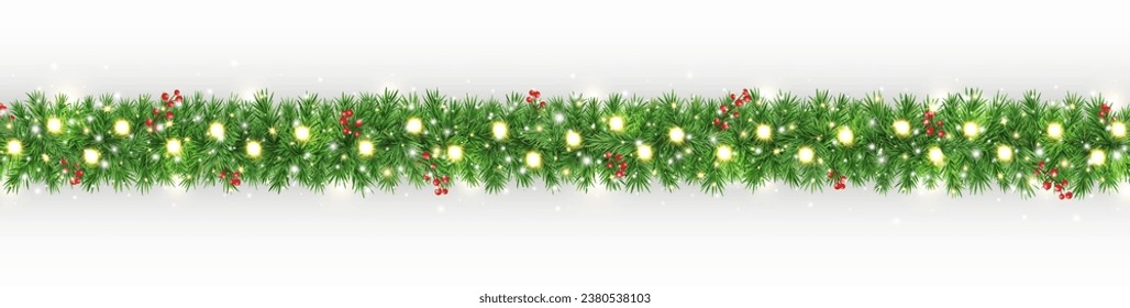 Christmas garland long banner. Green fir branches with glitter light, golden stars and red berries border. Xmas evergreen plant frame. Winter Holiday background. New Year card. Vector illustration.
