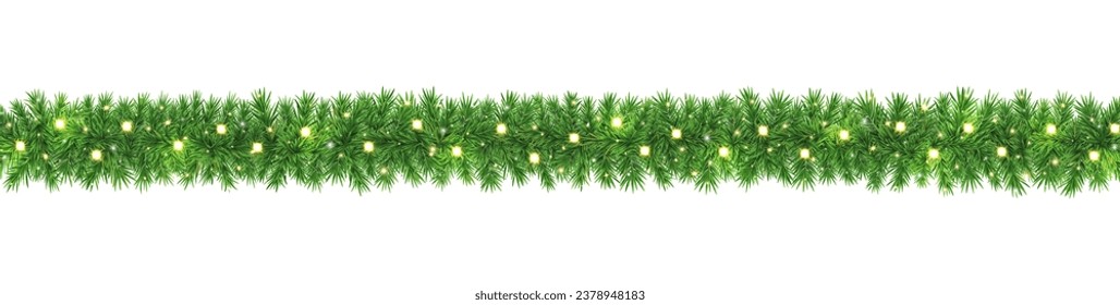 Christmas garland long border. Green fir branches with golden light, glitter stars banner. Pine, Xmas evergreen plants frame. Winter Holiday background. New Year card. Neon lamp. Vector illustration.