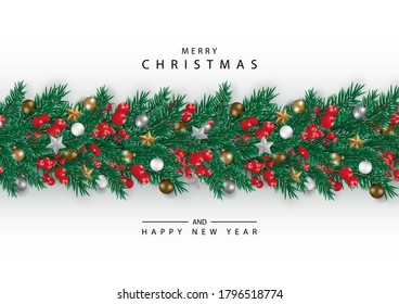 Christmas garland longitudinal decor with ornaments Pine trees branch, Christmas balls, Red berries, isolated on white background. Xmas party. Greeting card. Holidays banner. Vector illustration.