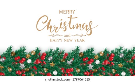Christmas garland longitudinal decor with ornaments Pine trees branch, Christmas balls, Red berries, stars, isolated on white background. Frame border. Xmas party, Holiday banner. Vector illustration.