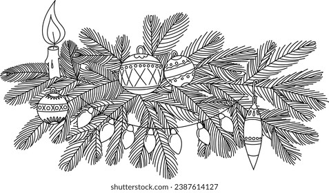 Christmas garland made of fir branches decorated with light bulbs, New Year's balls and a candle Elements in graphic style label, card, sticker, menu, package. 