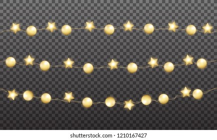 Christmas garland made of gold shiny balls. Xmas festive gold metallic decoration.