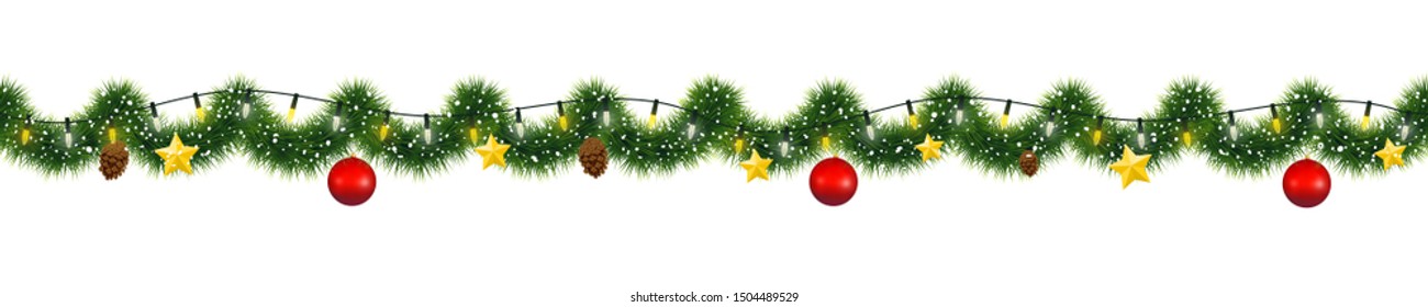 Christmas garland of mistletoe tinsel with festive lights and decorations of golden stars, pine cones and glass ornaments