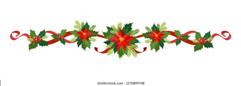 Christmas garland, New Year holiday decoration set. Vector illustration Christmas garland of holly with red berries, ribbons, poinsettia, fir-tree branches. Frame, border for Christmas cards, banners