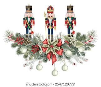 Christmas garland with nutcracker, fir branch, mistletoe, ball, bow, cone. Holiday decoration.	