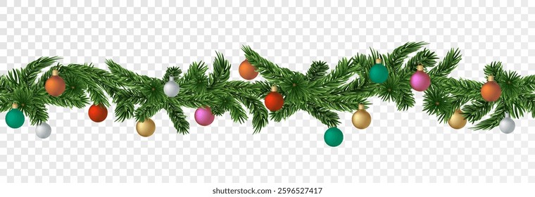 Christmas garland on a transparent background. Vector frame for banners, posters, cards. Christmas realistic winter theme, vector, png. Christmas tree decorated with toys and lights.