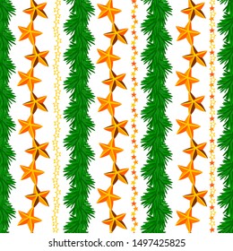Christmas garland pattern. Seamless pattern for greetings, packaging and cards in vector. Festive set of illustrations from the Christmas tree and stars.