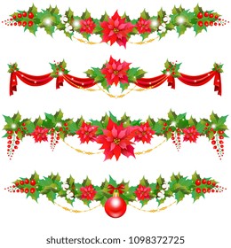 Christmas garland with poinsettia and cotton flowers, isolated on a white