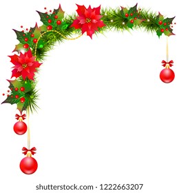 Christmas garland with poinsettia and cotton flowers, isolated on a white